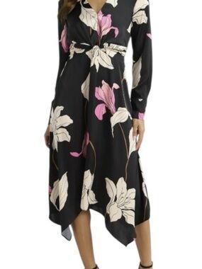 Sophia  Vergara Floral Print Black Midi Dress with Pink & Cream Blooms